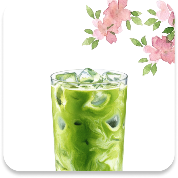 Refreshing iced matcha latte with ice cubes, a milky swirl, and delicate pink cherry blossoms.