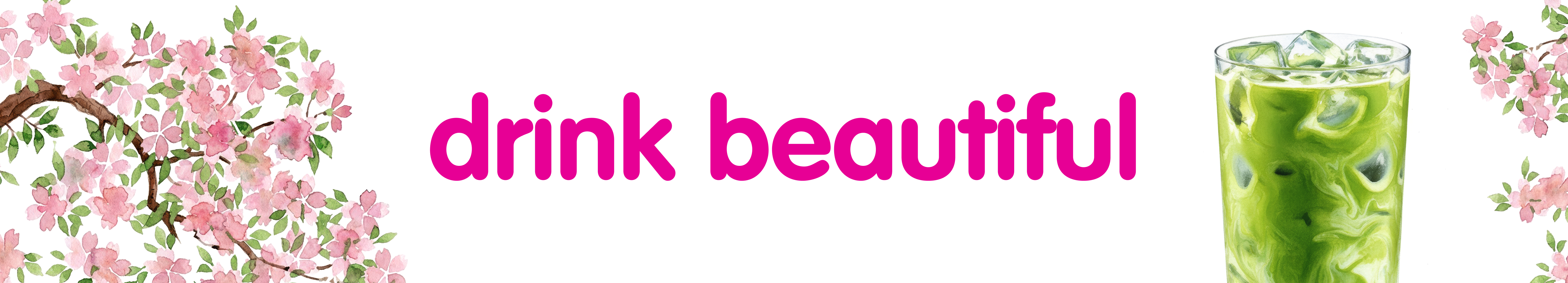 Pink cherry blossoms frame 'drink beautiful' text next to a refreshing green iced beverage.