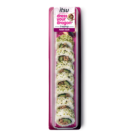 Itsu 'dress your dragon' sushi rolls in vibrant pink packaging.
