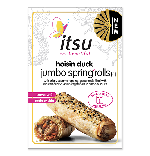itsu hoisin duck jumbo spring rolls box showing two cooked spring rolls, one halved.
