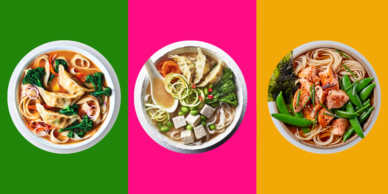 Three vibrant bowls of Asian noodle soup featuring dumplings, tofu, salmon, and fresh vegetables.