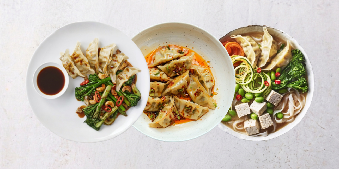 Three different Asian-inspired dumpling dishes: pan-fried, chili oil, and soup with vegetables.
