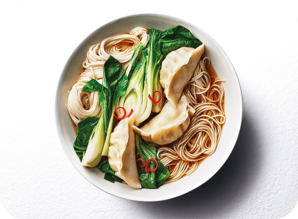 A bowl of delicious noodle soup with dumplings, bok choy, and red chili slices.