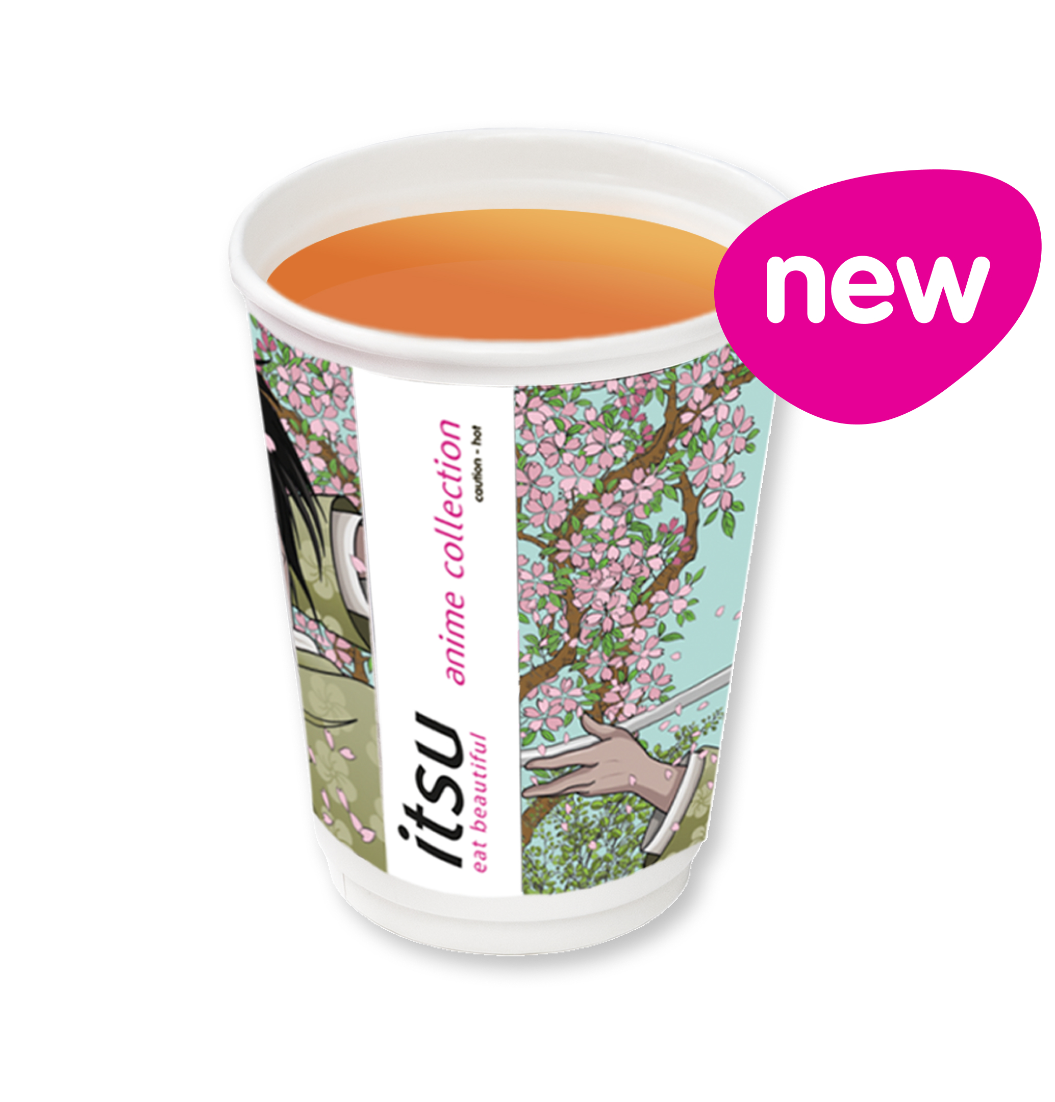 Itsu paper cup with 'new' sticker, featuring anime characters and cherry blossoms.