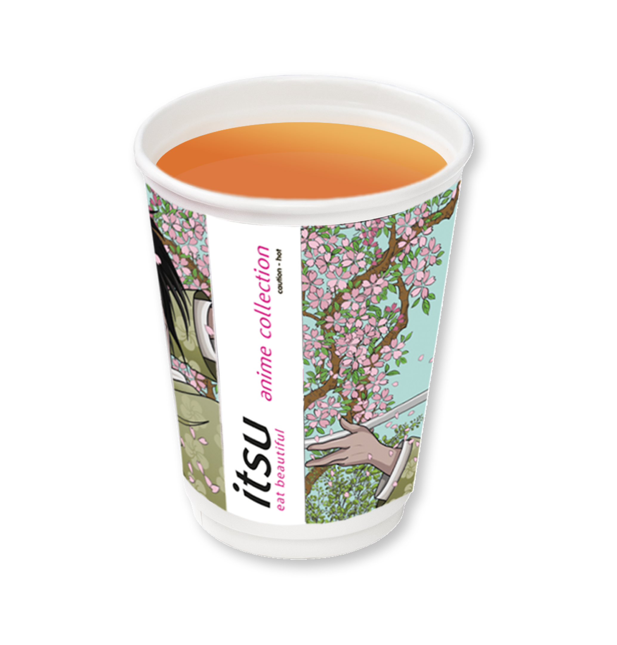 Itsu paper cup with cherry blossom design, containing amber tea, labeled 'summer collection'.