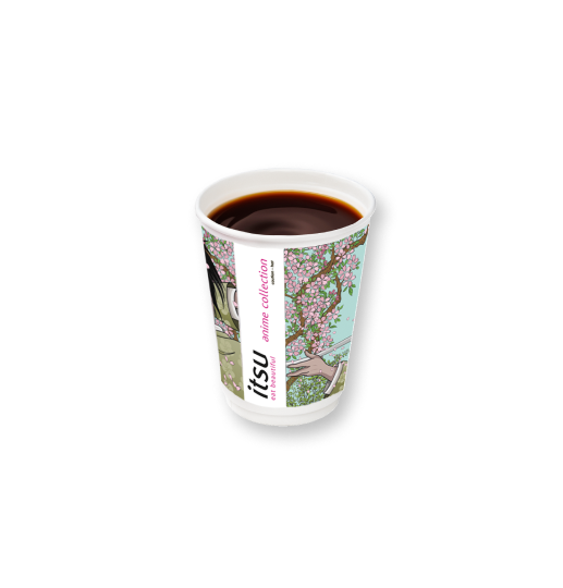 Disposable cup of dark coffee with cherry blossom design and 'itsu' logo.