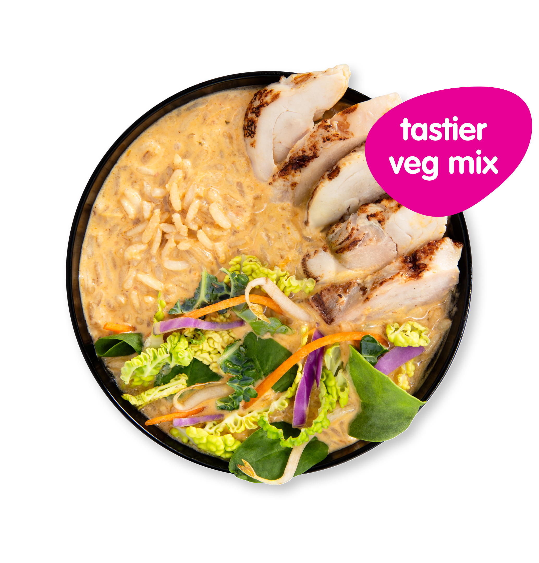 Grilled chicken, creamy noodles, and fresh salad in a black bowl with a pink 'tastier veg mix' label.