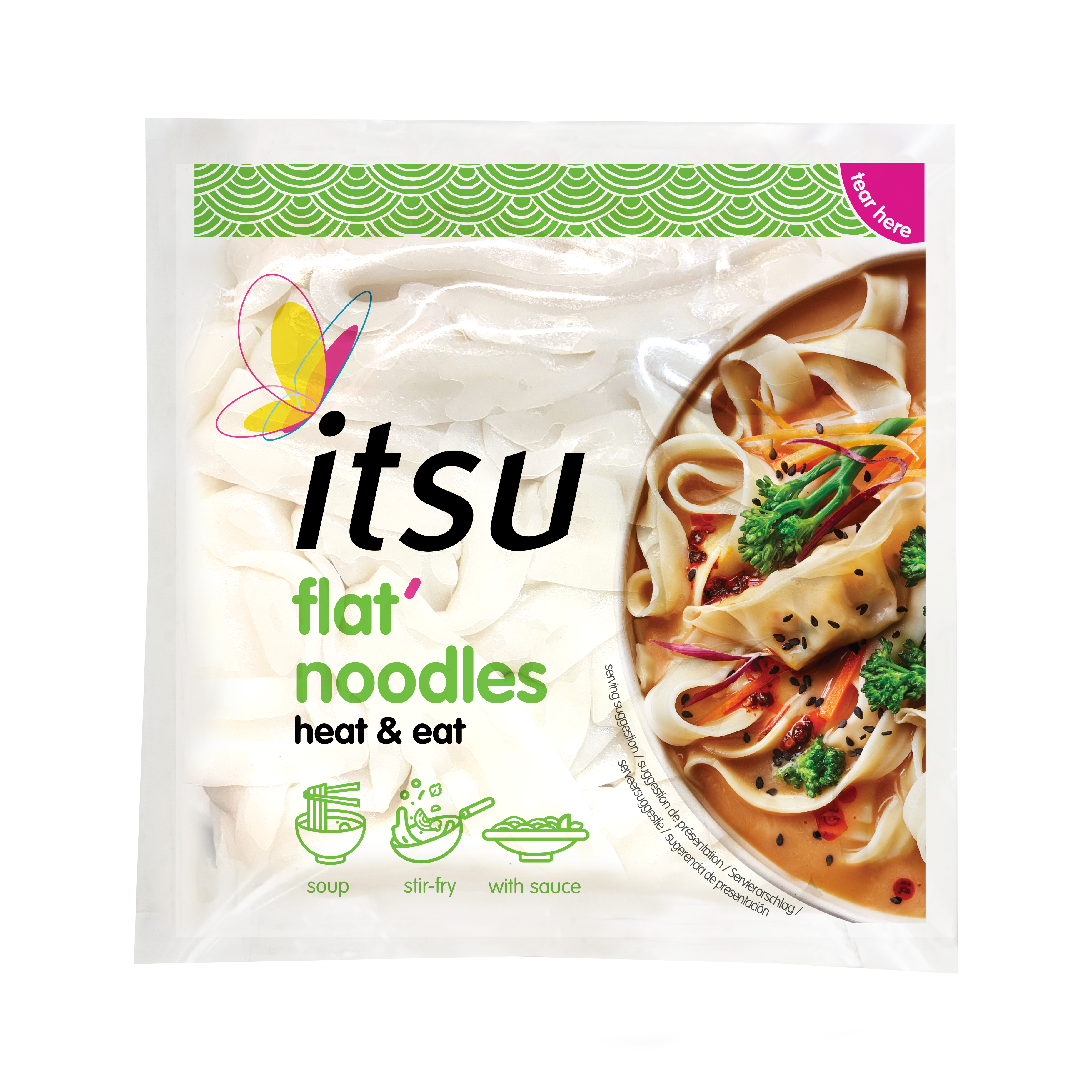 itsu flat noodles heat & eat package featuring prepared noodles in a flavorful broth.