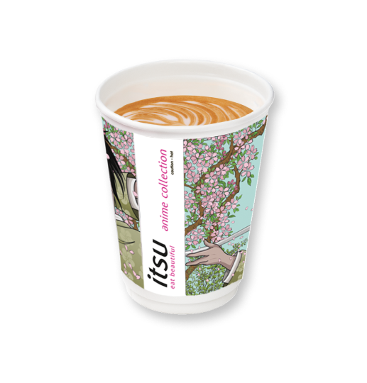 White coffee cup with cherry blossom anime design, 'itsu' logo, and latte art inside.