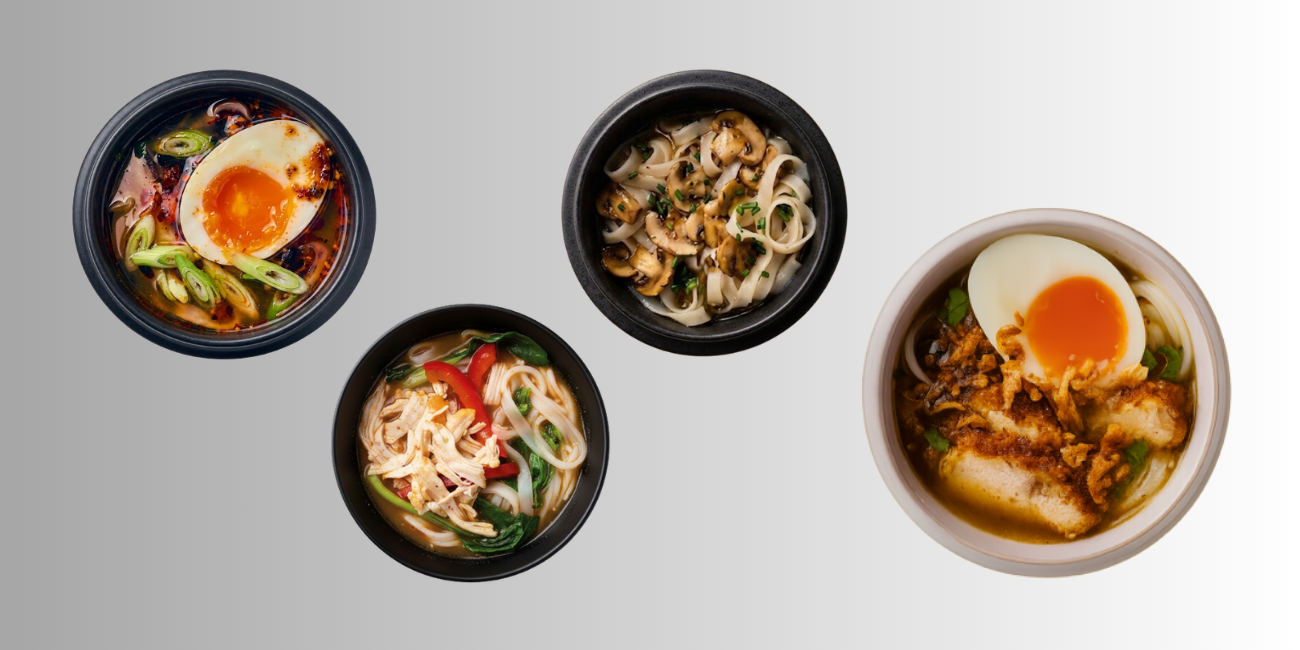 Four bowls of ramen soup, each with different ingredients like eggs, noodles, and vegetables.