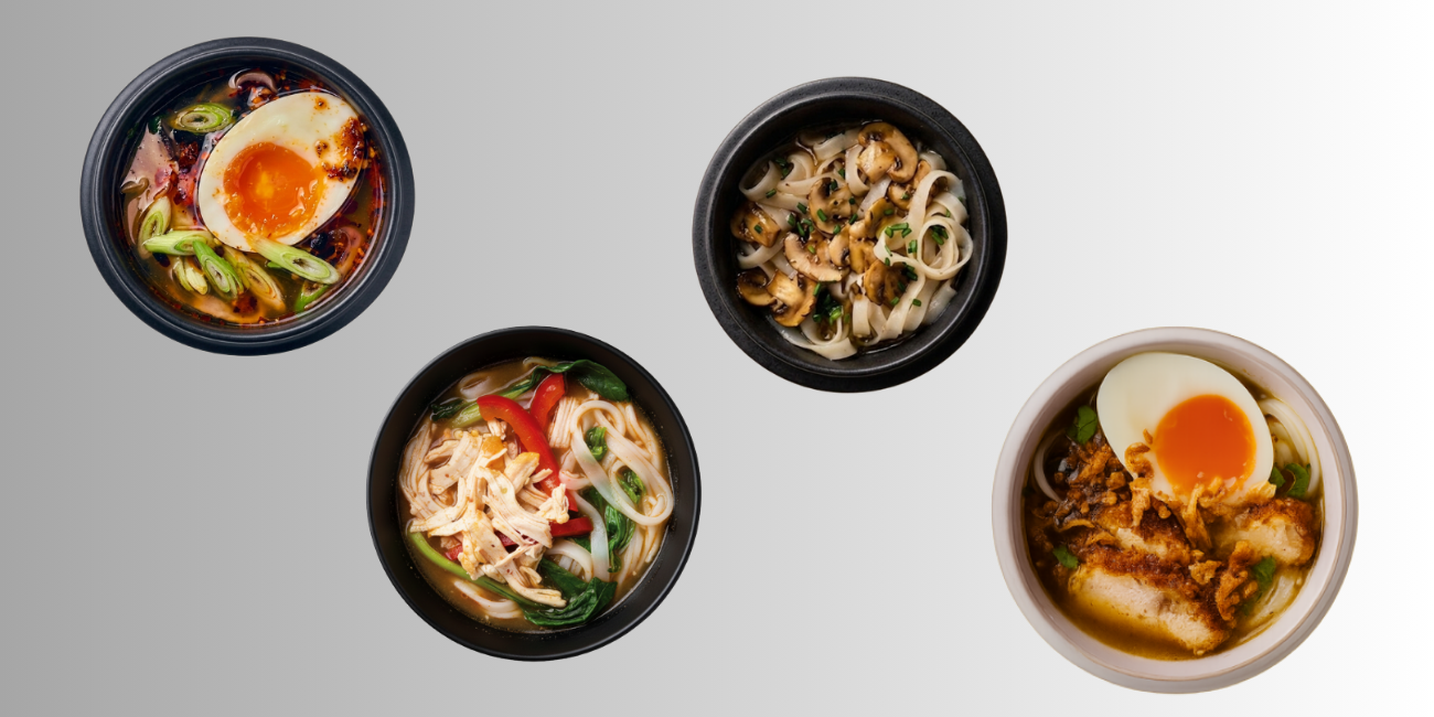 Four distinct bowls of Asian noodle dishes, including ramen and pho, with eggs and various toppings.