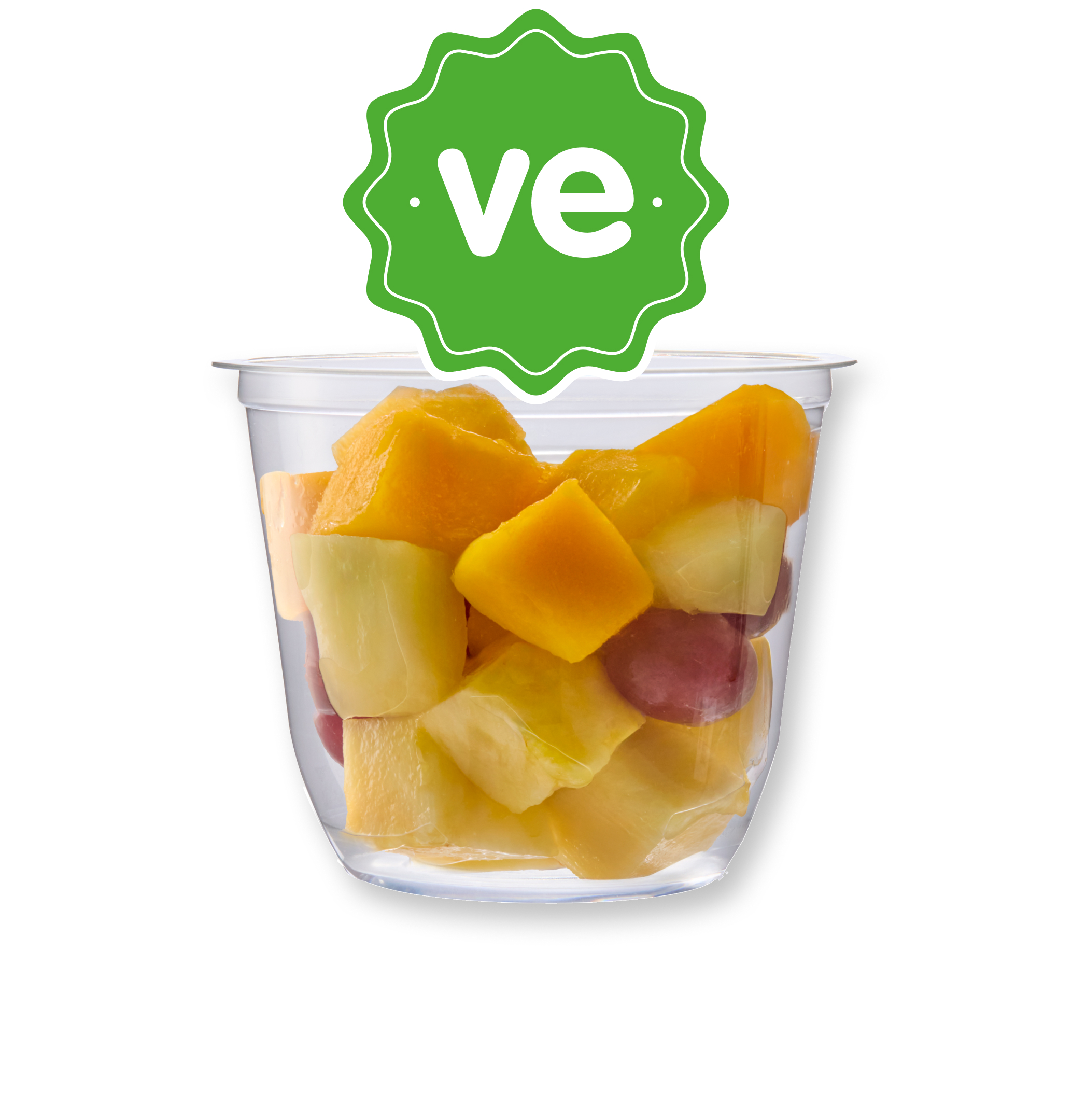 Diced mango, pineapple, and grapes in a clear cup with a green 've' label.