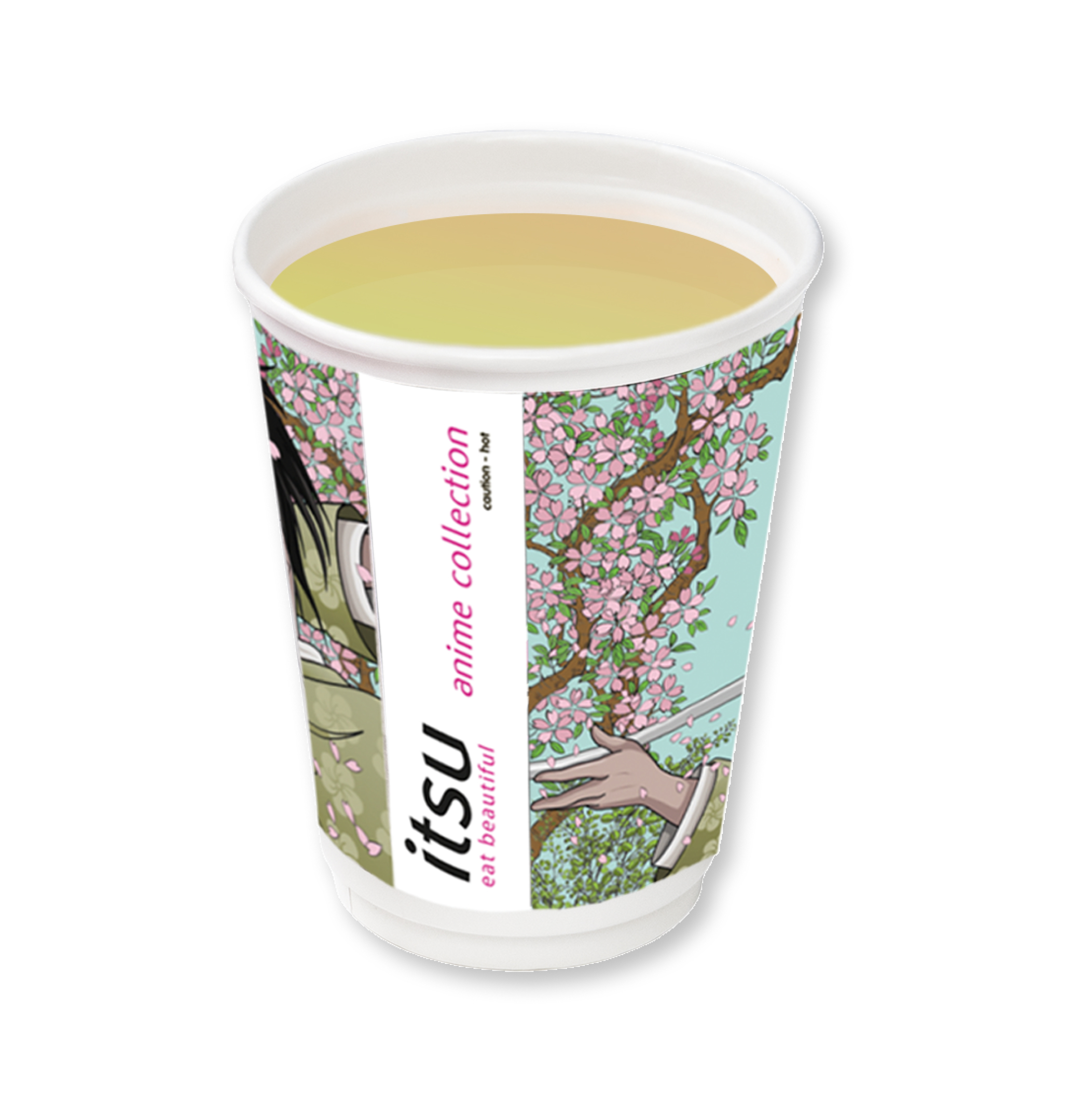 Itsu branded paper cup with light green tea and a cherry blossom design.