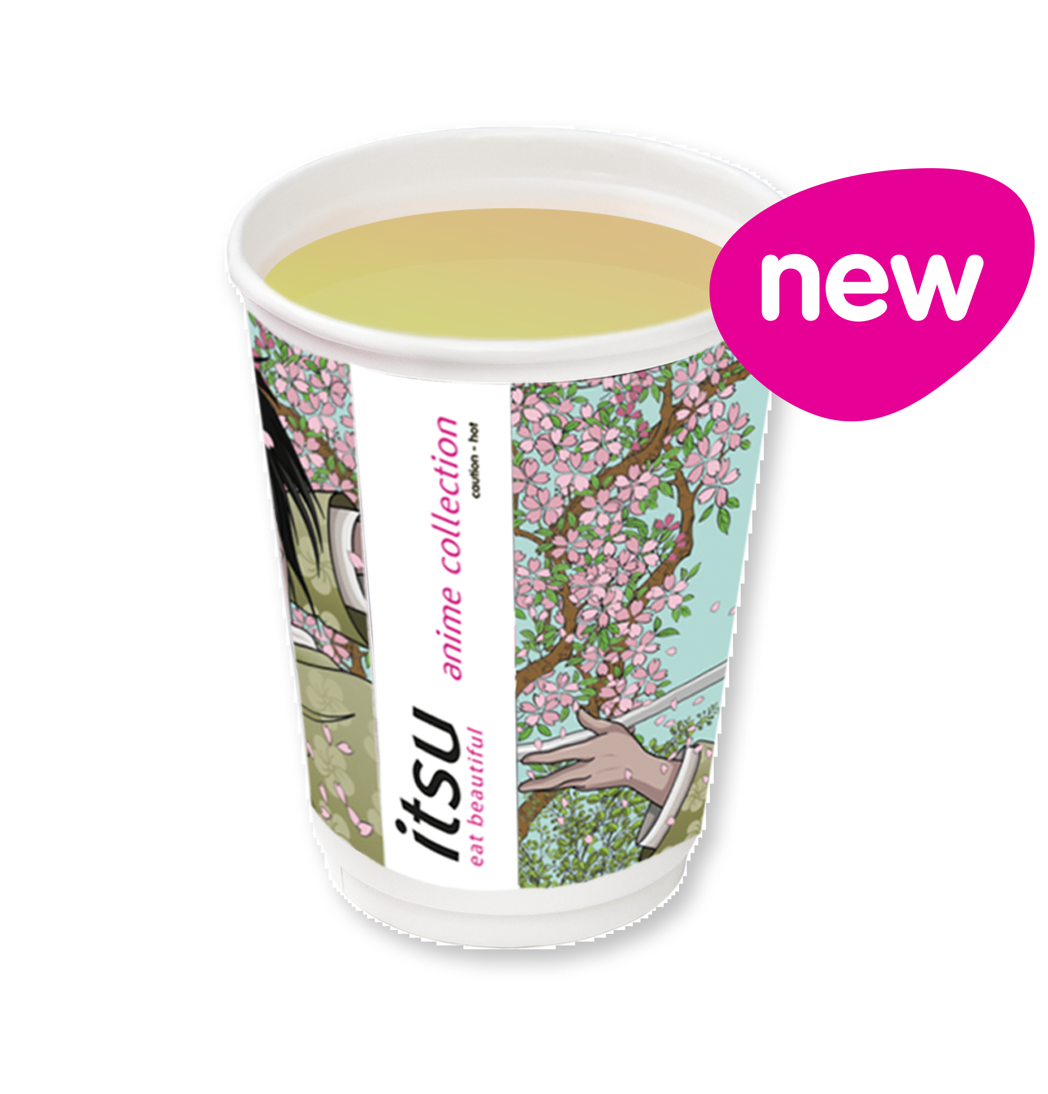 Itsu branded cup filled with a light green beverage and decorated with cherry blossoms.