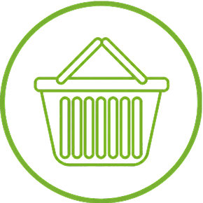 Green outline icon of a shopping basket in a circular frame.