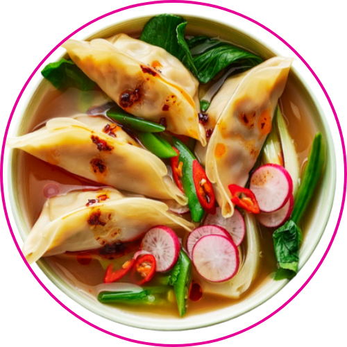 Bowl of pan-fried dumplings, bok choy, sliced radishes, and chili in savory broth.