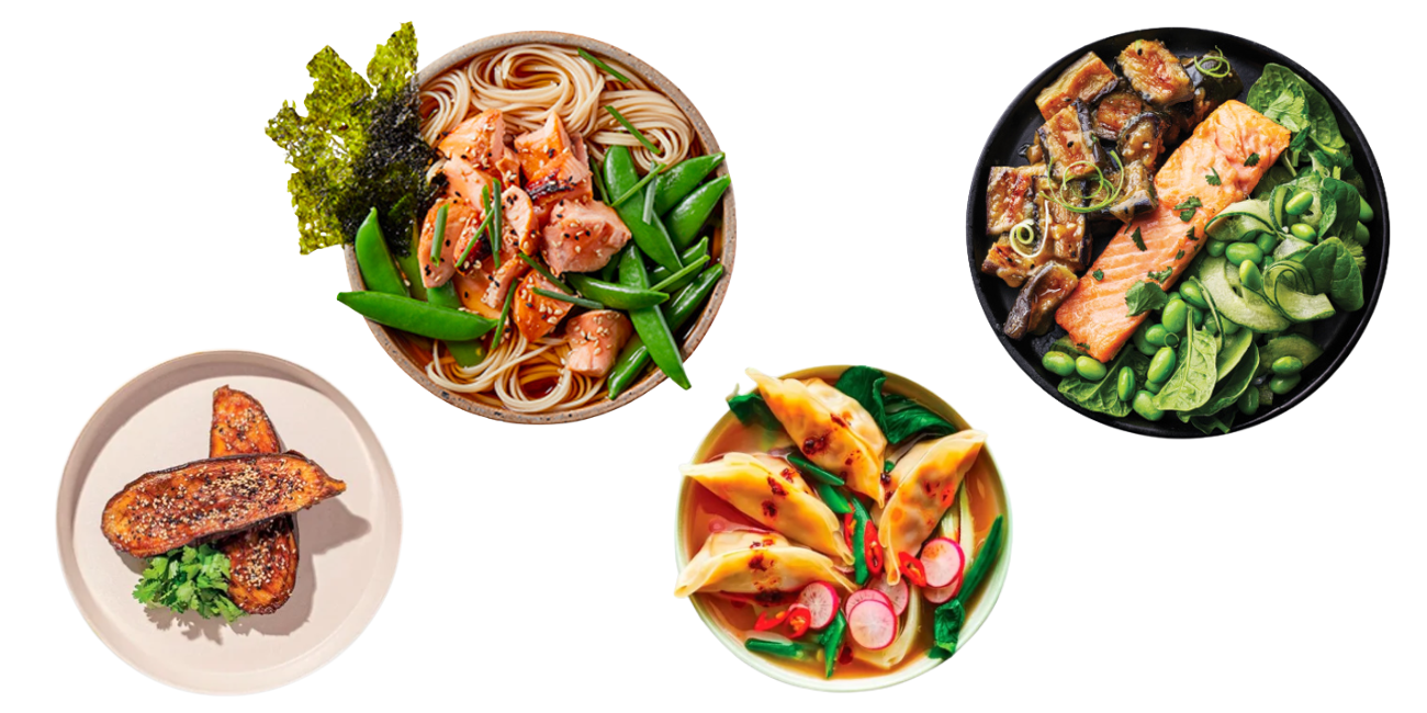 Four appetizing bowls of prepared meals including salmon noodles, sweet potato, and dumplings.