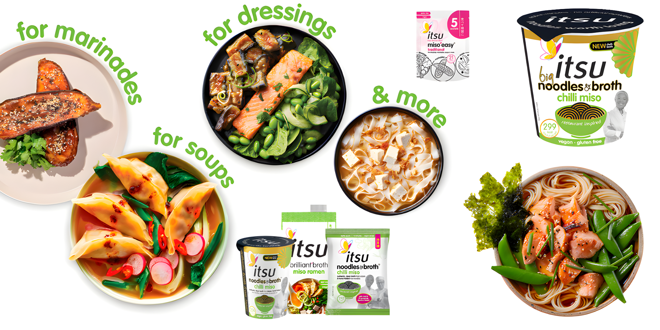 Itsu products showcased with salmon, dumplings, salads, and noodles, demonstrating diverse uses.