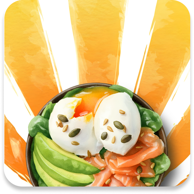 A vibrant breakfast bowl featuring avocado slices, smoked salmon, poached eggs, and sprinkled seeds over greens.