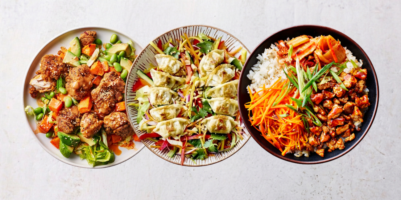 Three Asian-inspired dishes: fried chicken with vegetables, dumpling salad, and rice bowl with stir-fry.