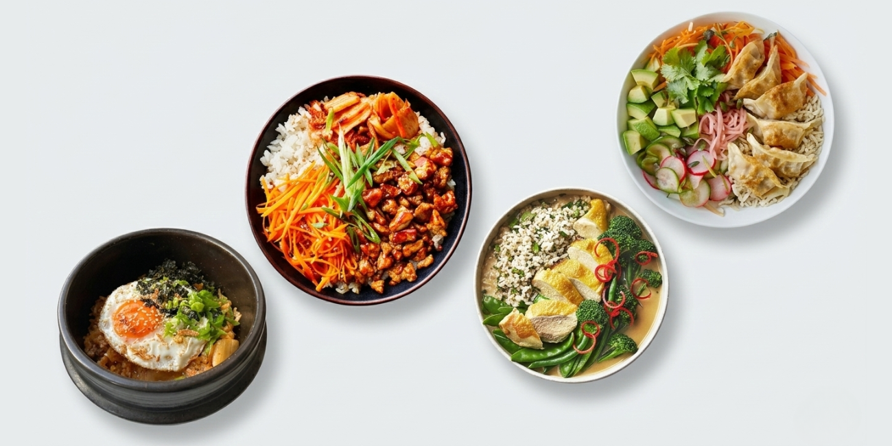 Four vibrant bowls featuring various Asian dishes including rice, kimchi, egg, chicken, and dumplings.