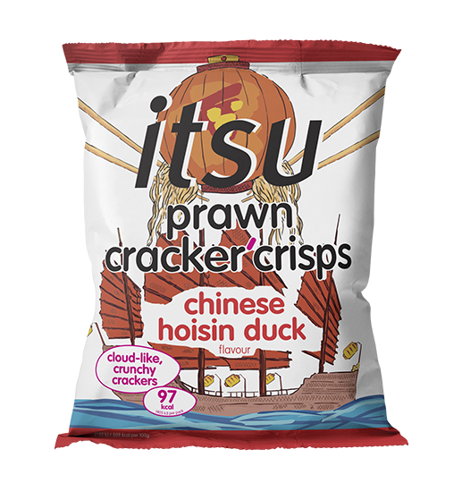 A white bag of itsu prawn cracker crisps with Chinese hoisin duck flavor.