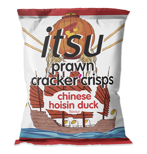 itsu prawn cracker crisps in a white and red bag with Chinese hoisin duck flavor.