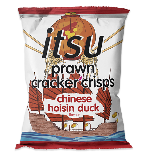 Itsu prawn cracker crisps bag, Chinese hoisin duck flavour, with a junk boat and lantern graphic.