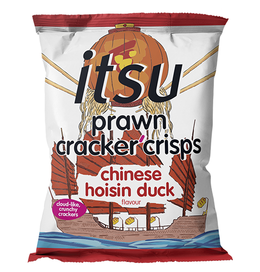 itsu prawn cracker crisps packet with Chinese hoisin duck flavor, featuring a lantern and boat.