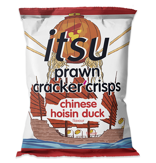 itsu prawn cracker crisps, Chinese hoisin duck flavor, in a red and white decorative bag.
