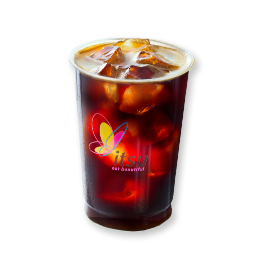 Iced coffee in a clear cup with ice, cream, and a colorful butterfly logo.