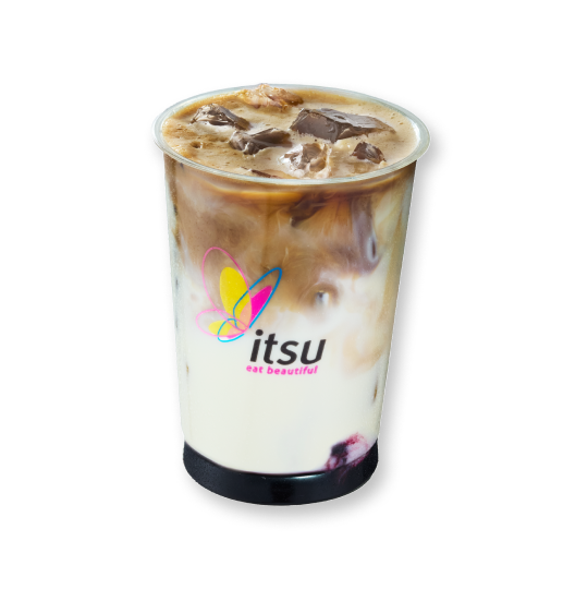 Iced coffee drink in a clear cup with layered milk and coffee, featuring the Itsu logo.