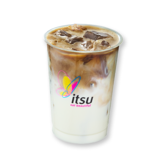 Layered iced coffee drink in a clear plastic cup with the 'itsu eat beautiful' logo.