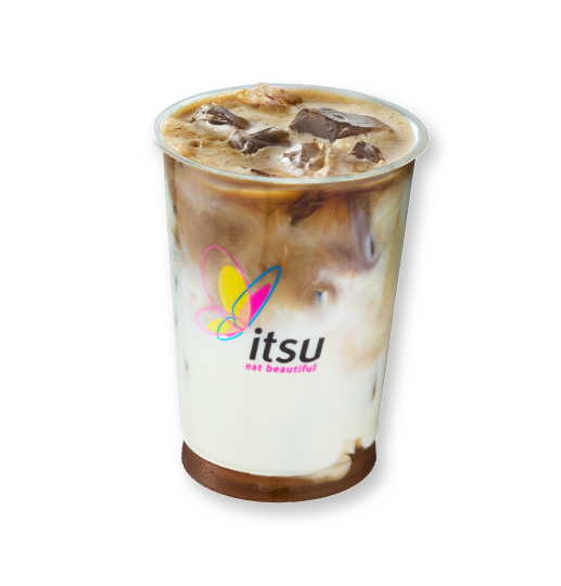 Layered iced coffee drink in a clear plastic cup with the colorful Itsu logo.