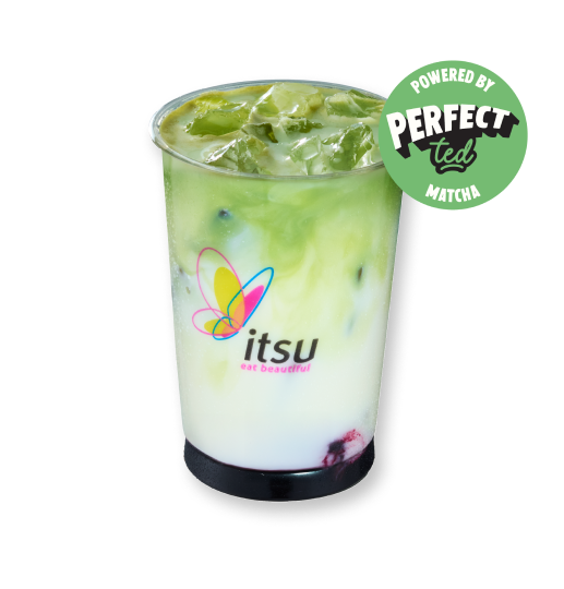 Layered iced matcha latte with berries, itsu logo, and Perfect Matcha sticker.