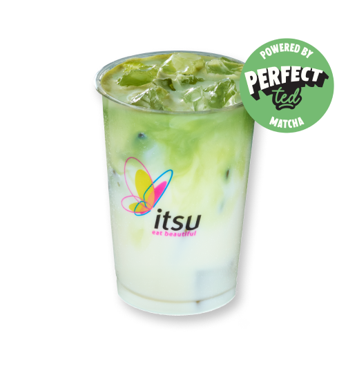 Layered iced matcha latte in an itsu branded cup, with a Perfect Matcha logo.
