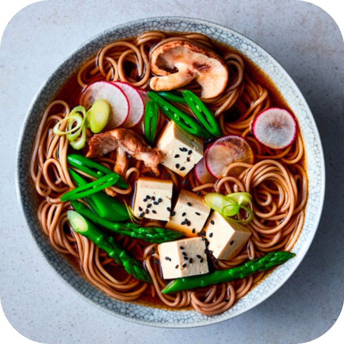 Soba noodle soup with tofu, mushrooms, asparagus, radishes, and green onions in a grey bowl.