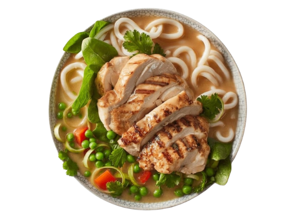 Grilled chicken with udon noodles, green peas, and fresh herbs in a creamy broth.