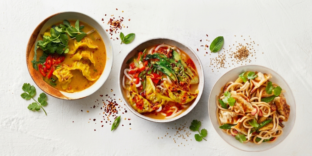 Three vibrant bowls showcasing Asian noodle dishes and a yellow curry on a white background.