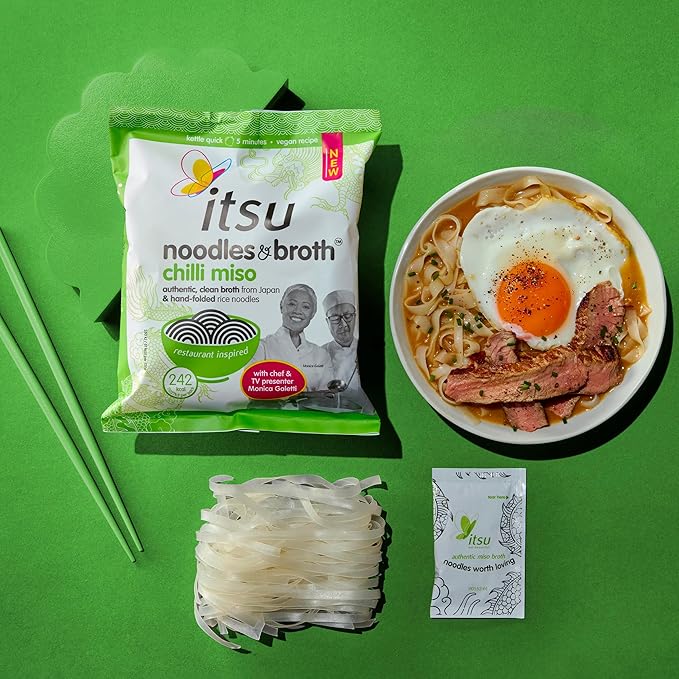 Itsu chilli miso broth package, noodles, and a prepared bowl of soup with egg.