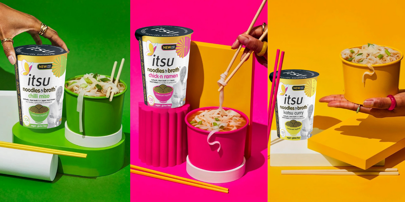 Three vibrant scenes showing hands with chopsticks preparing and eating itsu noodle cups.