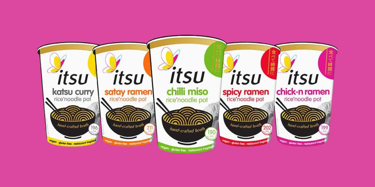 Five ItsU rice noodle pots display various flavors like katsu curry, chili miso, and spicy ramen.