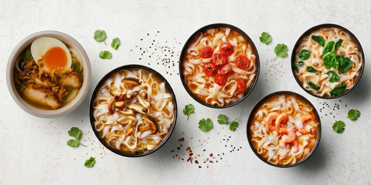 Five bowls of ramen noodle soup with diverse toppings including egg, shrimp, tomatoes, and mushrooms.