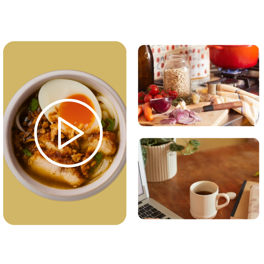 Collage of three scenes: a ramen bowl, kitchen with vegetables, and a laptop with coffee.