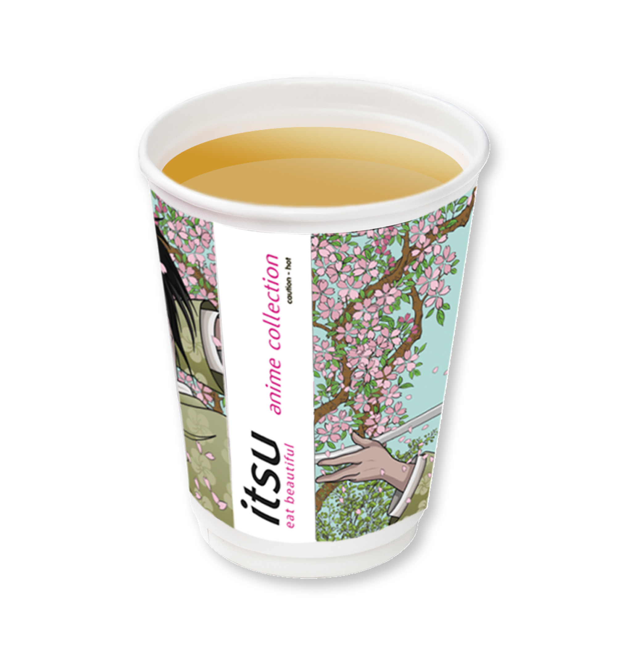 itsu branded paper cup with cherry blossom design and light brown tea.