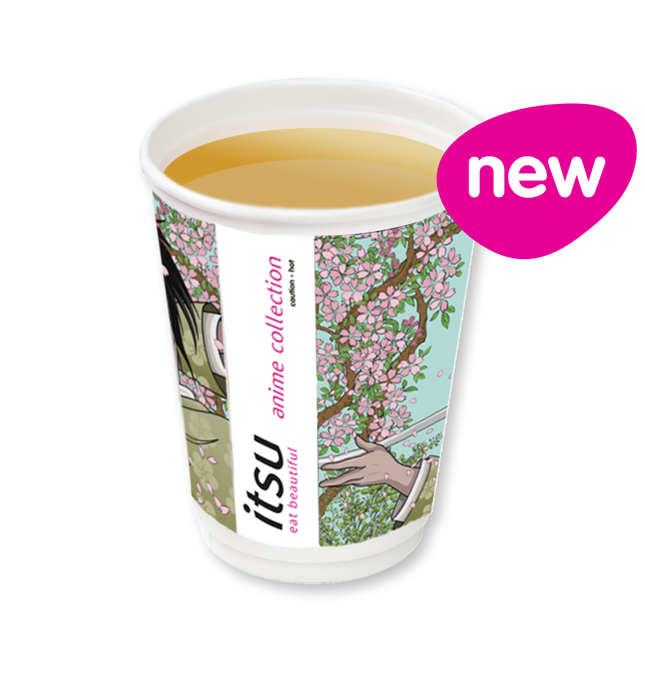 A paper cup of green tea with a cherry blossom design and a 'new' sticker.