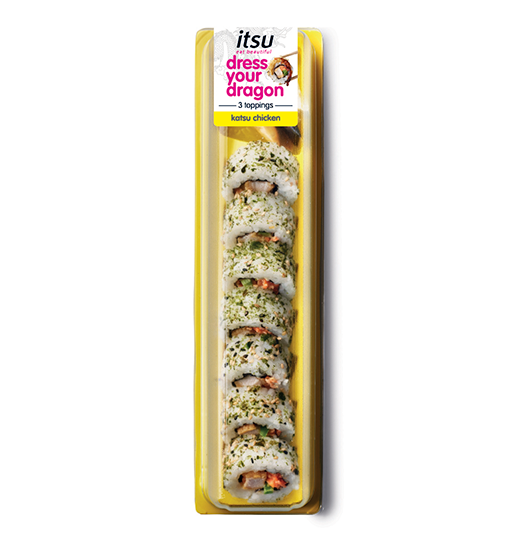 itsu sushi pack with 'dress your dragon' label, featuring ten green-topped sushi rolls.