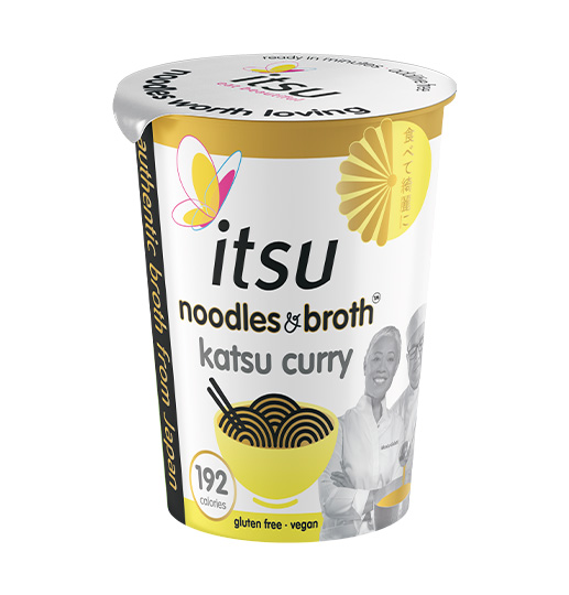 Itsu noodles and broth katsu curry instant meal cup with yellow and white packaging.