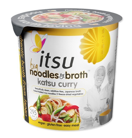 itsu big noodles & broth katsu curry cup, vegan and gluten-free.