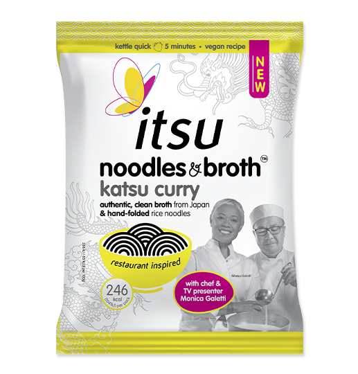 itsu noodles & broth katsu curry pouch, new ramen-inspired flavor, 246g package.